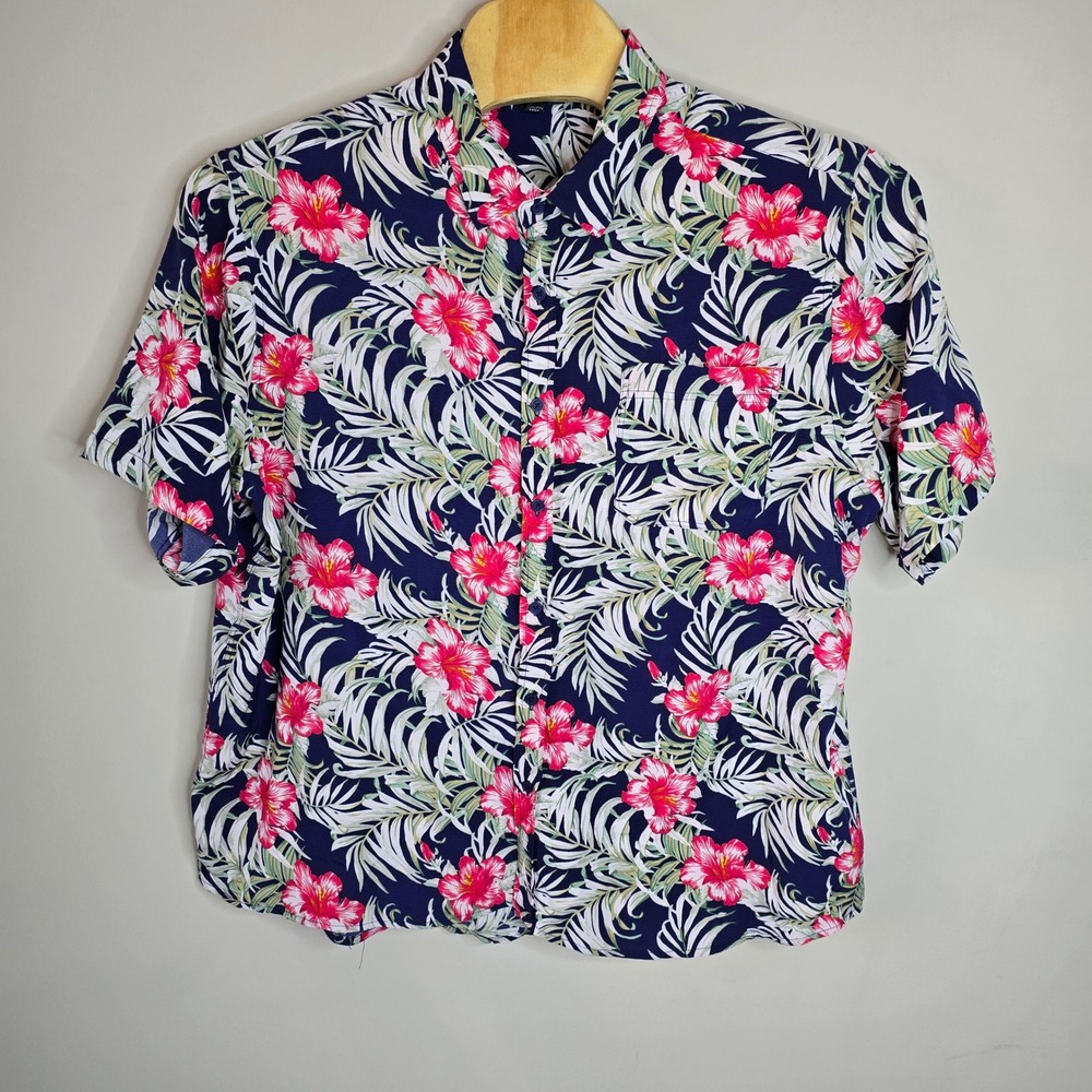 Mountain and Isles Mens XXL Tropical Floral Button Down Shirt Navy Pink Hibiscus